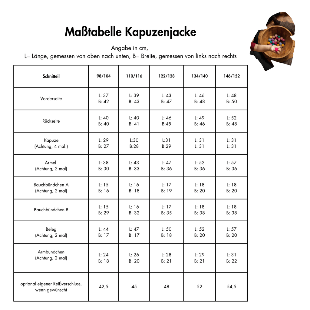 Maßtabelle Nähservice Kapuzenjacke