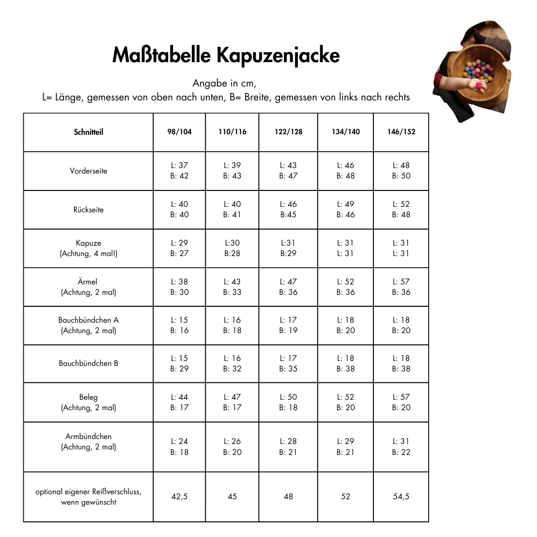 Maßtabelle Nähservice Kapuzenjacke