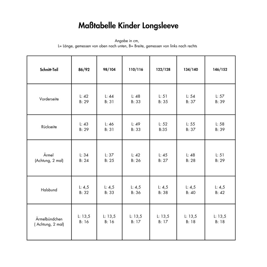 Maßtabelle Nähservice Kinder Longsleeve