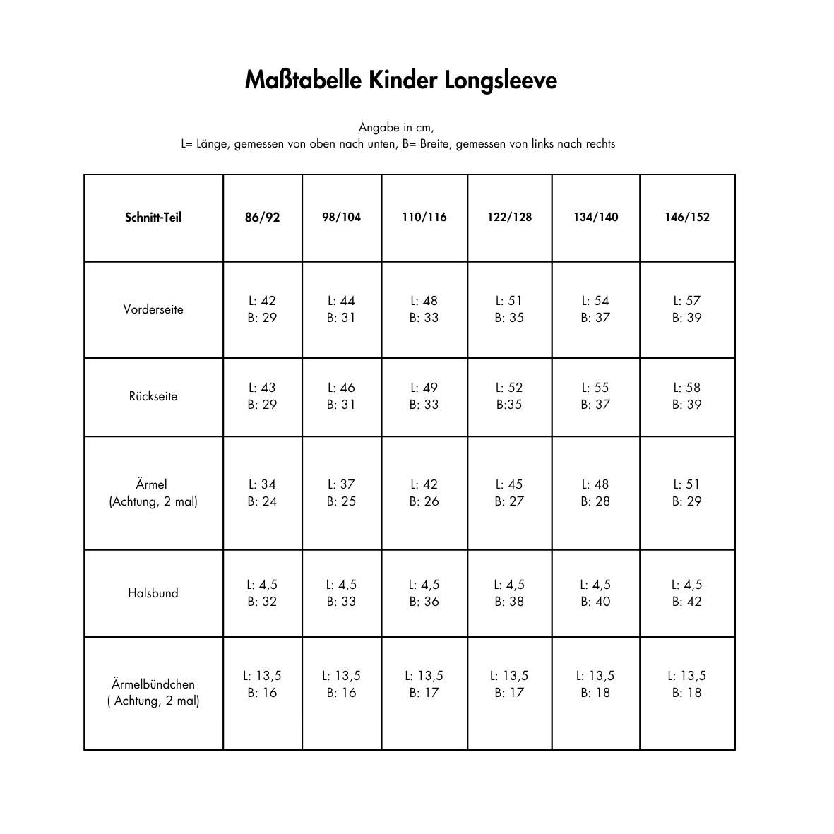 Maßtabelle Nähservice Kinder Longsleeve