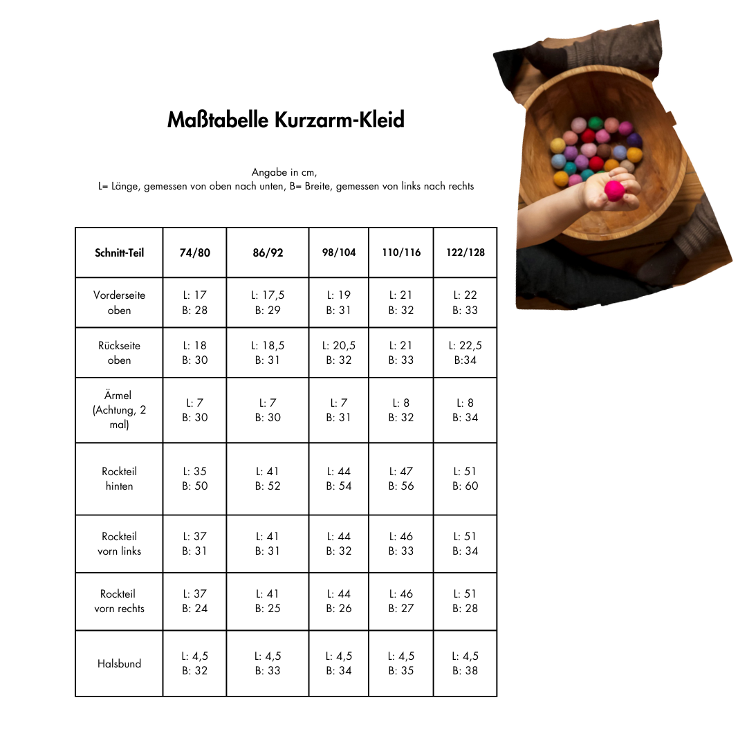 Maßtabelle Nähservice Kurzarmkleid mit der Falte