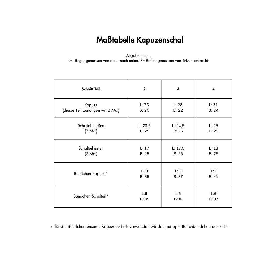 Maßtabelle Nähservice Kapuzenschal