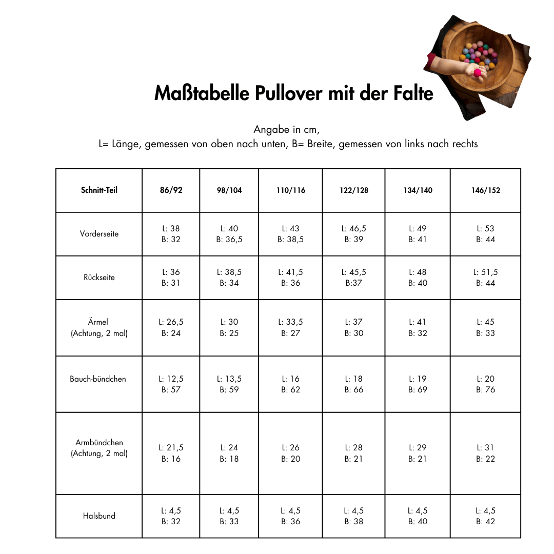 Maßtabelle Nähservice Pullover mit der Falte