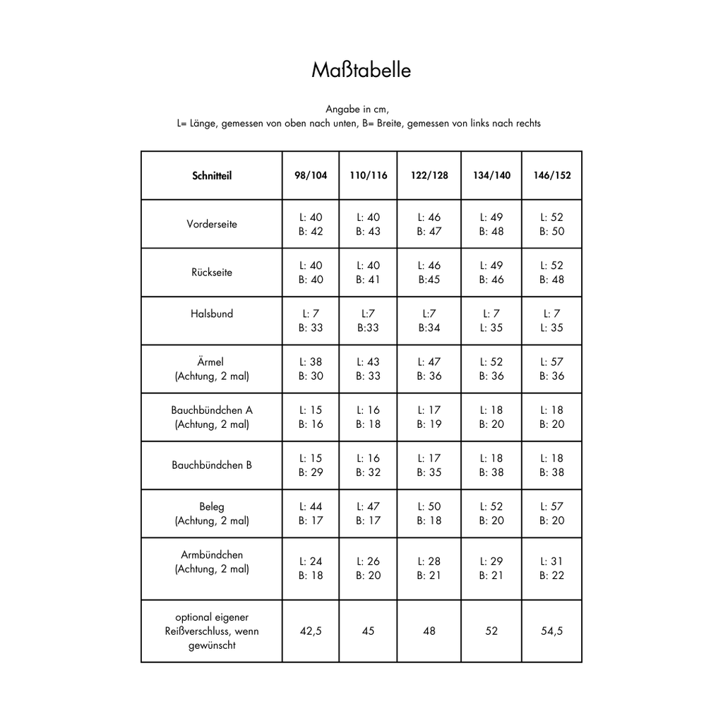 Maßtabelle Nähservice Jacke