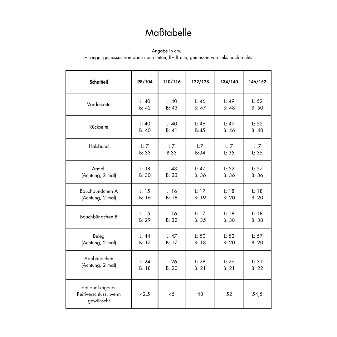 Maßtabelle Nähservice Jacke